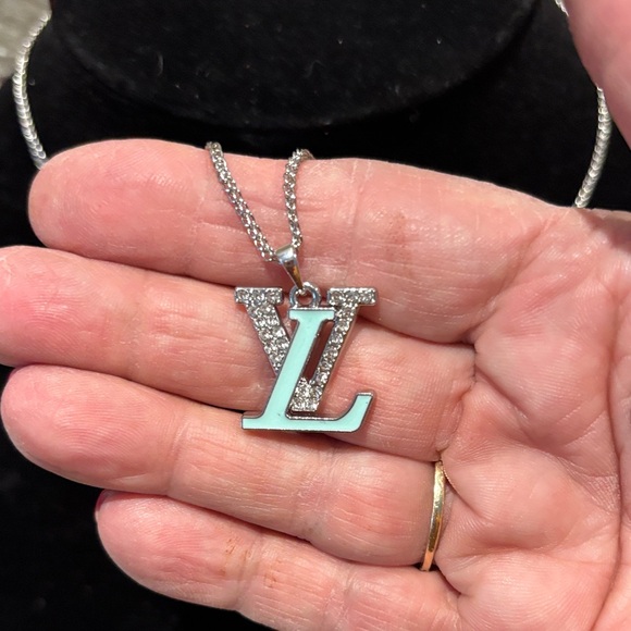 Silver and Teal Blue LV Pendant Necklace - Picture 2 of 5